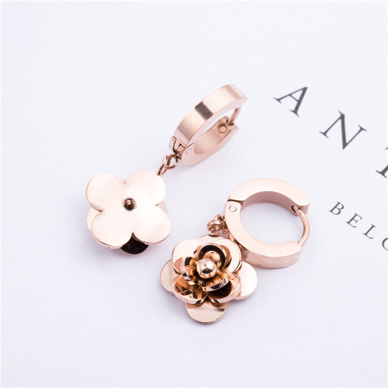 Wholesale Titanium Steel Camellia Earrings Flower Earrings Rose Gold ACC-ES-Ruon001