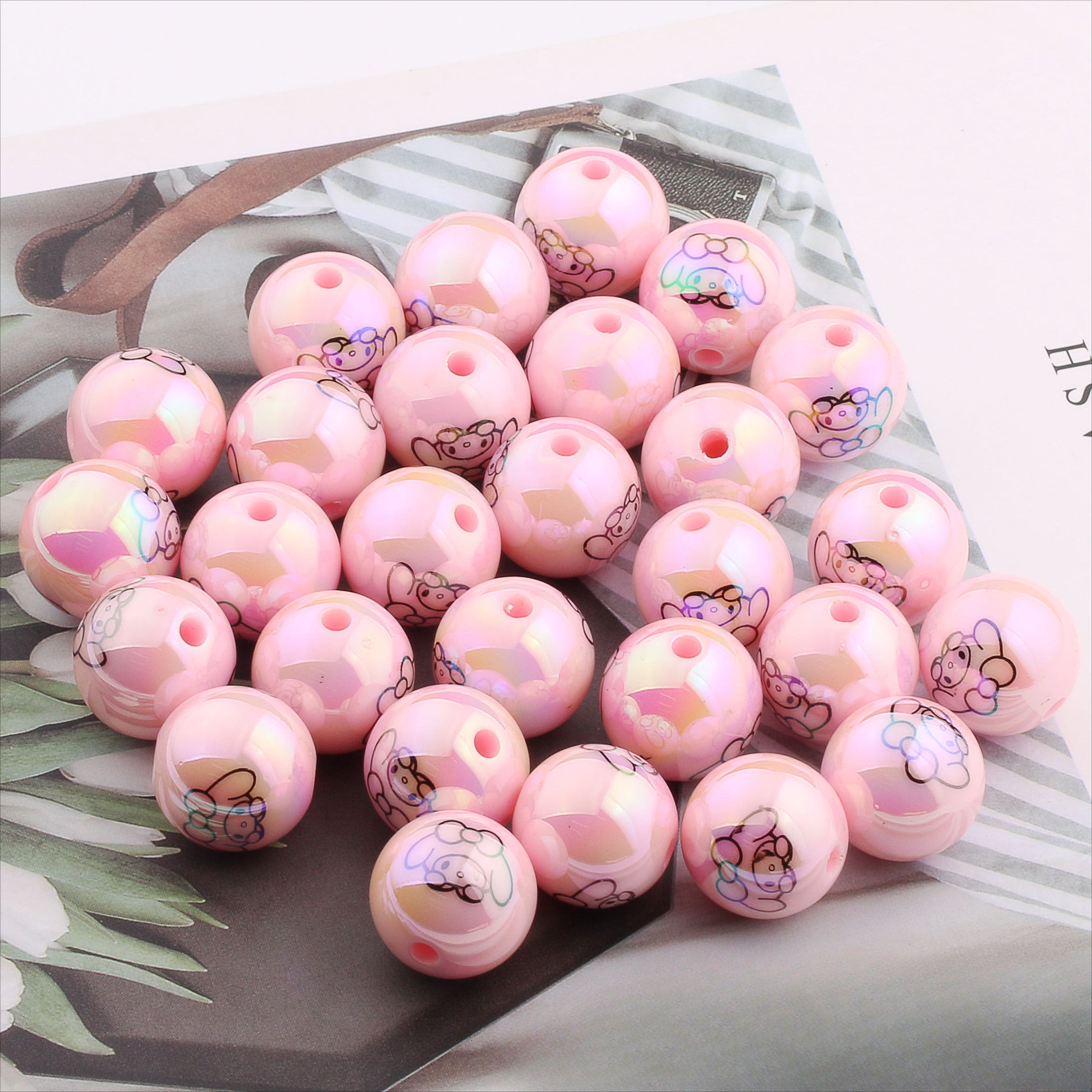 Wholesale 20pcs Acrylic Cartoon Printing UV Plated Color Straight Hole Round Beads DIY Accessories ACCVIP-BDS-ZhiXiang002