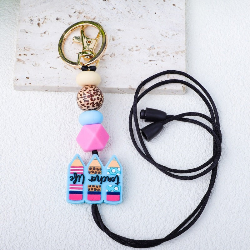Wholesale Teacher's Day Pencil Silicone Leopard Wood Beads Beaded Keychain ACC-KC-JiuYa009