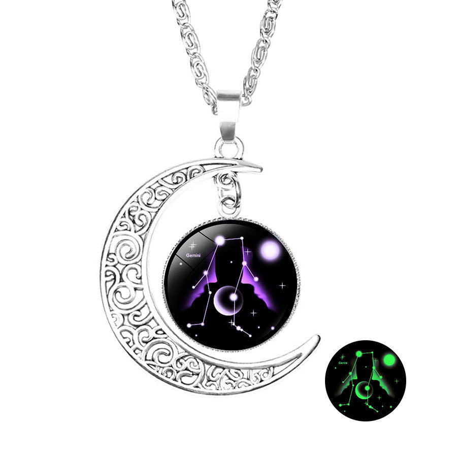 Wholesale  luminous 12 constellation Crescent crystal necklace