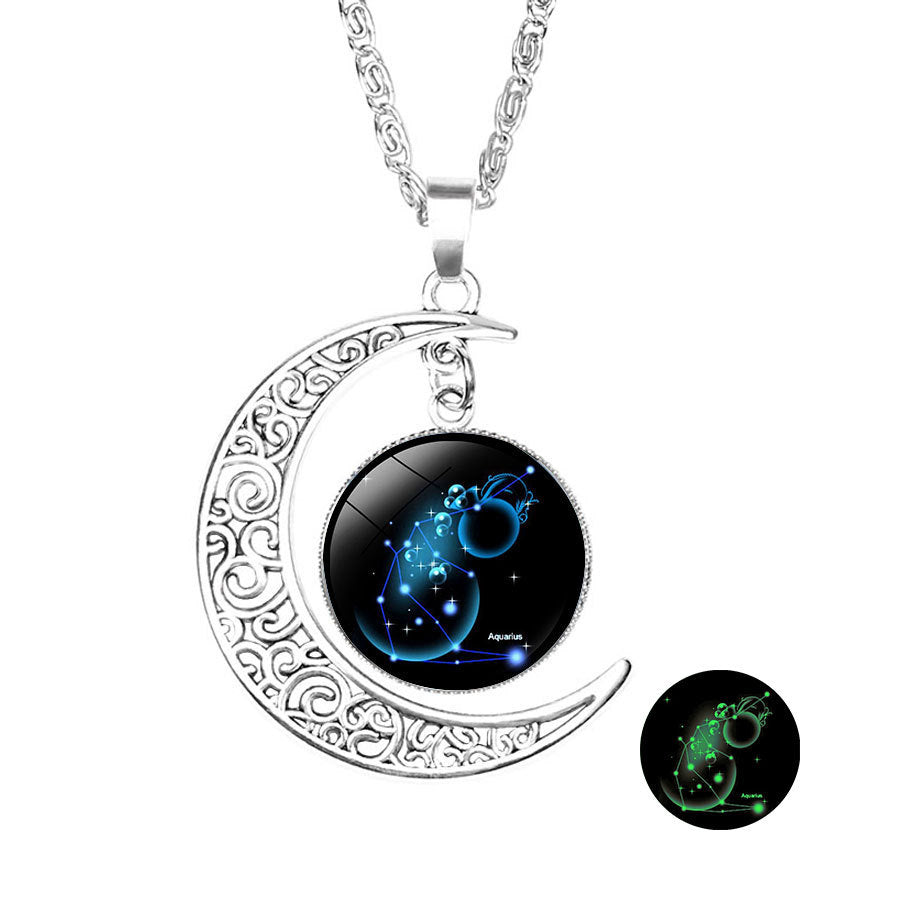 Wholesale  luminous 12 constellation Crescent crystal necklace