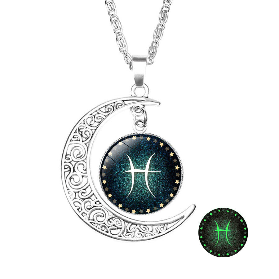 Wholesale  luminous twelve constellations time Gemstone Crescent necklace