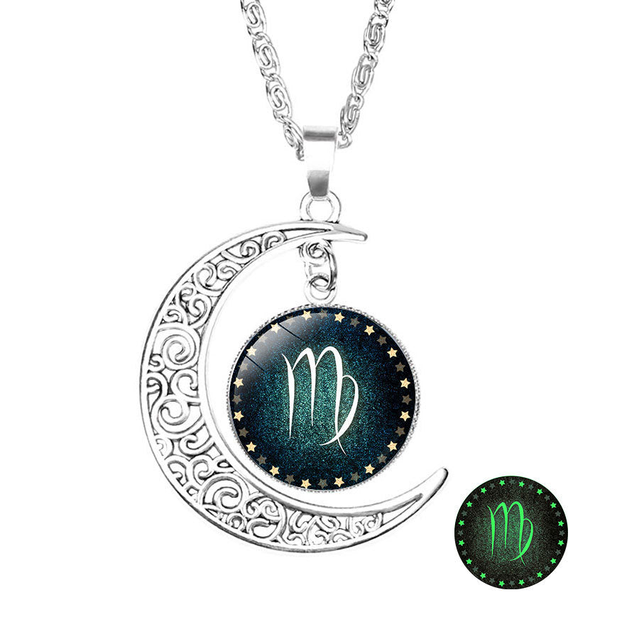 Wholesale  luminous twelve constellations time Gemstone Crescent necklace