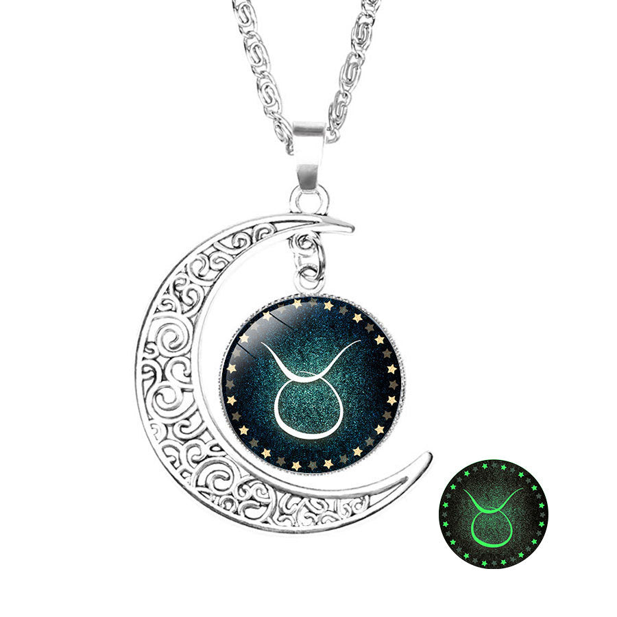 Wholesale  luminous twelve constellations time Gemstone Crescent necklace