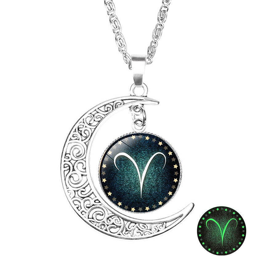 Wholesale  luminous twelve constellations time Gemstone Crescent necklace