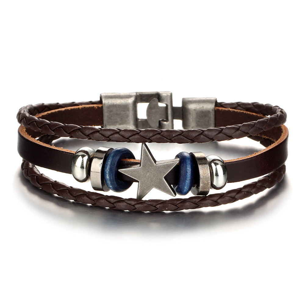 Wholesale Leather retro multi-layer alloy star bracelet
