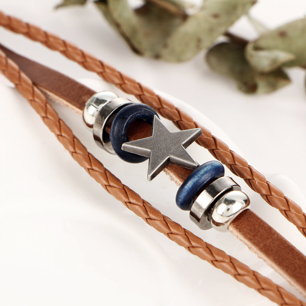 Wholesale Leather retro multi-layer alloy star bracelet