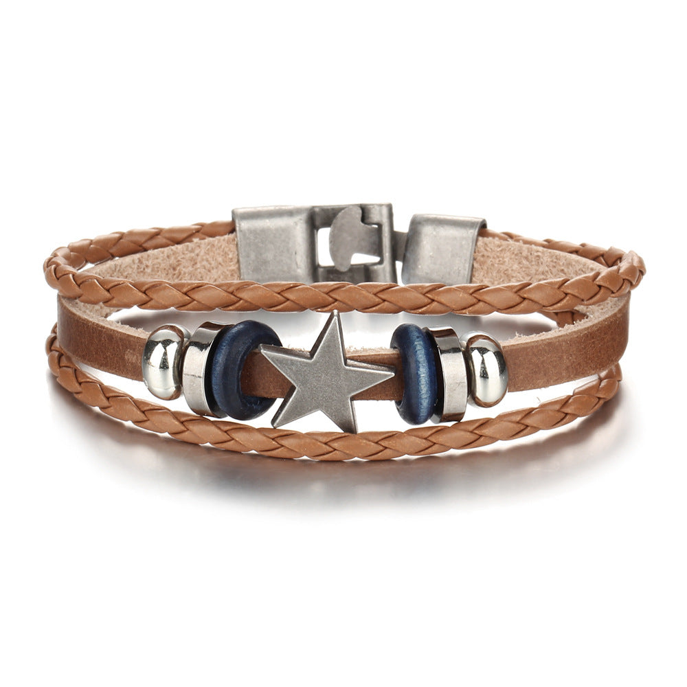 Wholesale Leather retro multi-layer alloy star bracelet