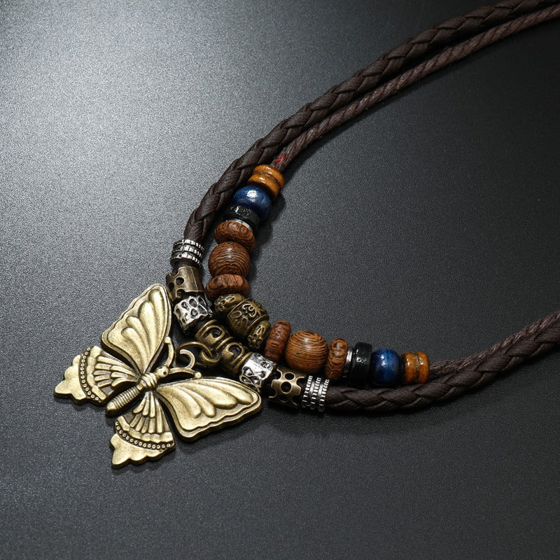 Wholesale Metal Butterfly Pendant Handmade Beaded Wooden Beads Sweater Necklace ACC-NE-Saih003