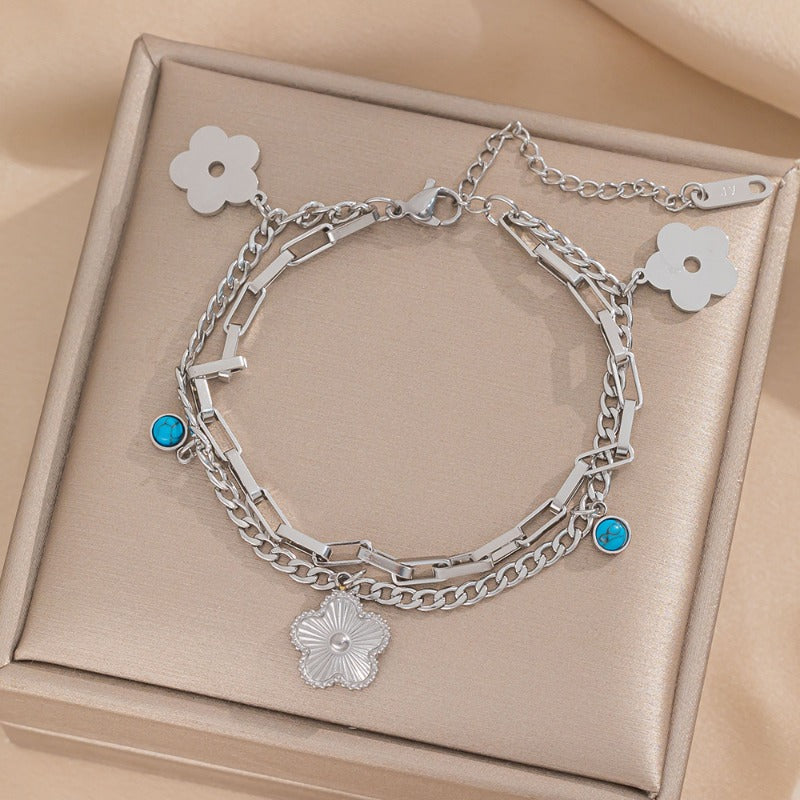 Wholesale Titanium Steel Double Layer Stacking Five Leaf Flower Bracelet ACC-BT-NaBao002