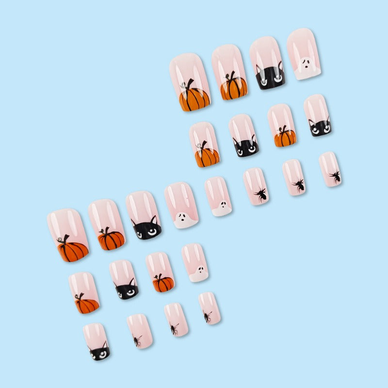 Wholesale 24 Pieces/box Halloween Cute Ghost Pumpkin Nails Kits Nail Stickers ACC-NS-QXJ021