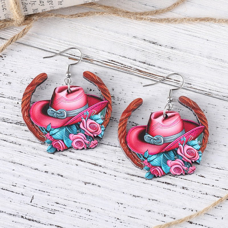 Wholesale Western Style Cowboy Hat Flower Horseshoe Pendant Earrings ACC-ES-ChuLian125
