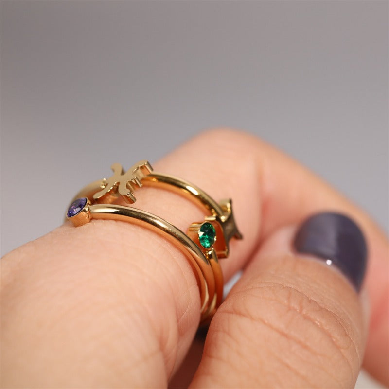 Wholesale 12 Zodiac Signs Stainless Steel Zircon 18K Gold Plated Ring ACC-RS-XuanChi002