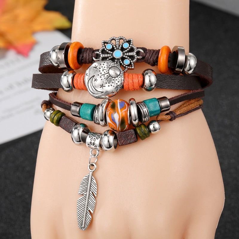 Wholesale Wax Rope Leaves Stars Moon Multi-layer Bracelet ACC-BT-HanSJ005