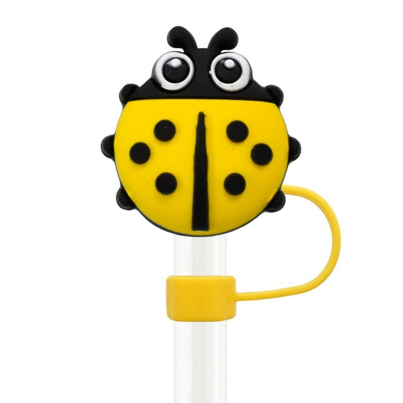 Wholesale Random 100pcs Colorful Seven-spotted Ladybug 10mm PVC Soft Straw Tube Cap ACC-SCR-RYY143