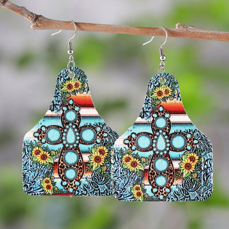 Wholesale Western Style Leopard Cow Pattern Sunflower Cross Leather Earrings ACC-ES-ChuLian138