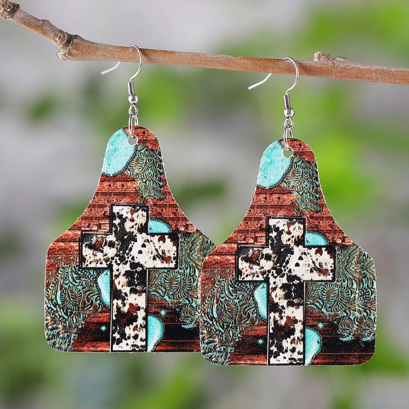 Wholesale Western Style Leopard Cow Pattern Sunflower Cross Leather Earrings ACC-ES-ChuLian138