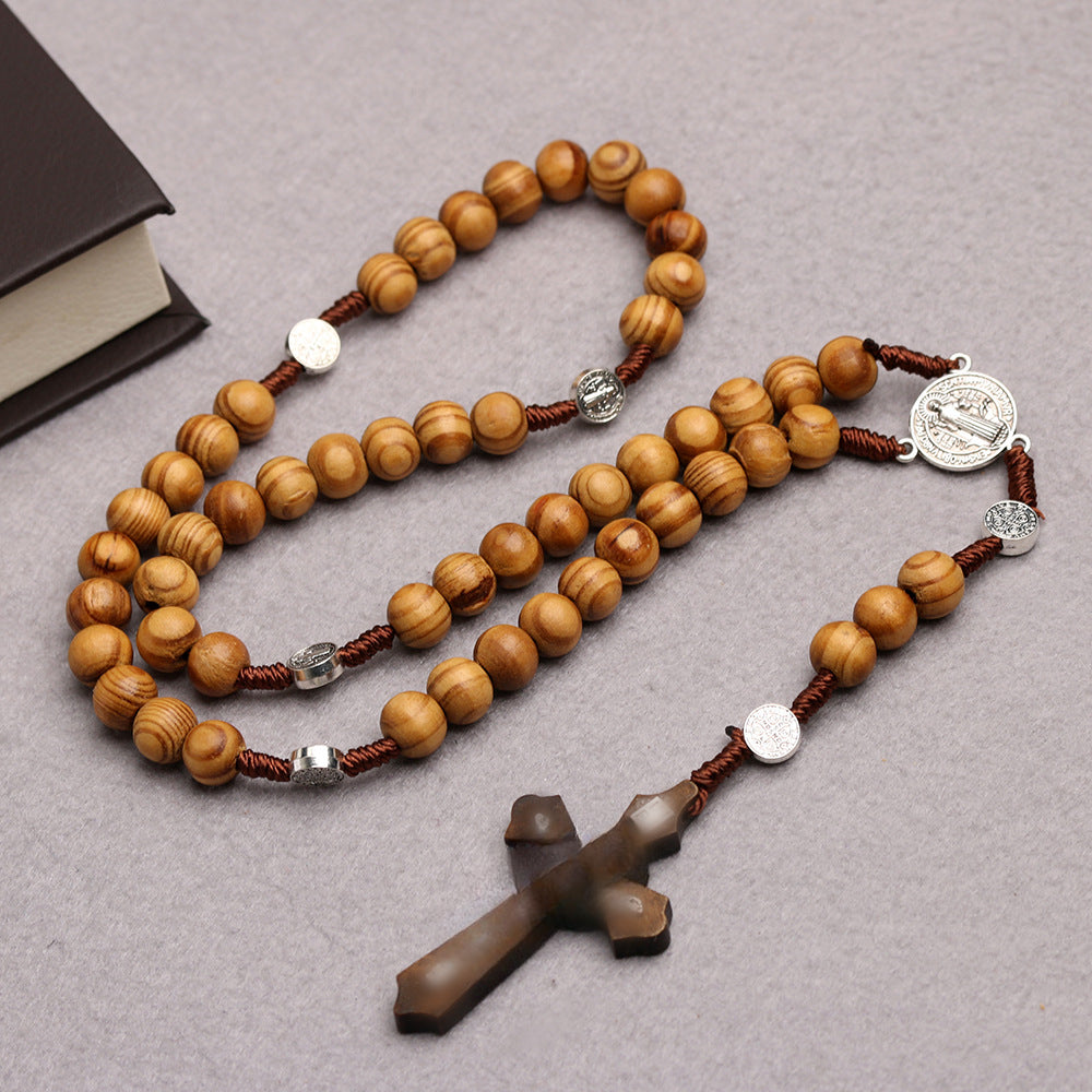 Wholesale Natural Wood Beads Cross Rosary Necklace Handwoven ACC-NE-Chengz002
