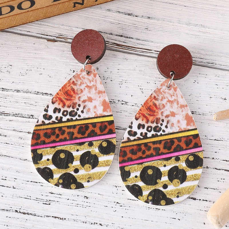 Wholesale Western Style Colorful Leopard Zebra Leather Wood Piece Stitching Earrings ACC-ES-ChuLian136