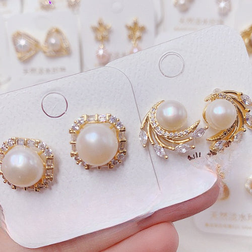 Wholesale Random color 10pcs Gold-plated Pearl Earrings Micro-inlaid Zircon Earrings ACC-ES-Pabo003