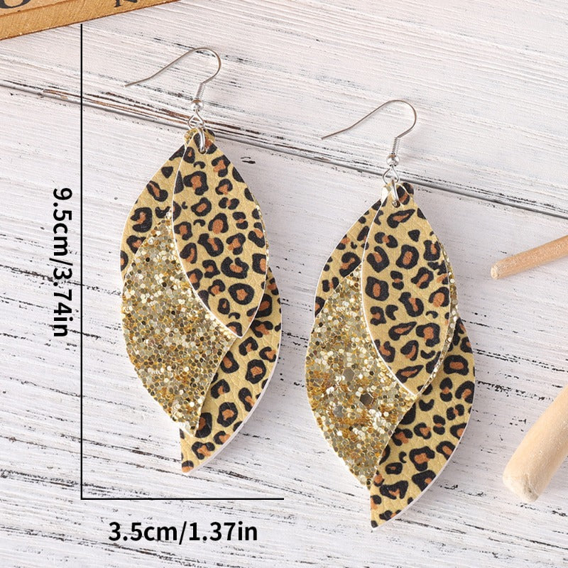Wholesale Three-layer Leaf-shaped Sequined Leopard Leather Earrings ACC-ES-ChuLian113