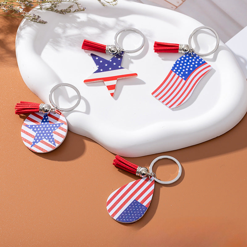 Wholesale American Flag Independence Day PU Leather Keychain Water Drop Five-Pointed Star Pendant ACC-KC-Yongz001