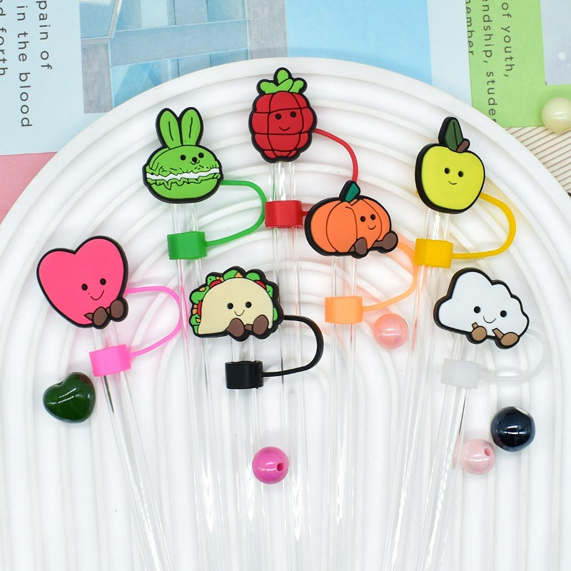 Wholesale Random 100pcs Cartoon Cute Vegetables 10mm PVC Soft Straw Tube Cap ACC-SCR-RYY123