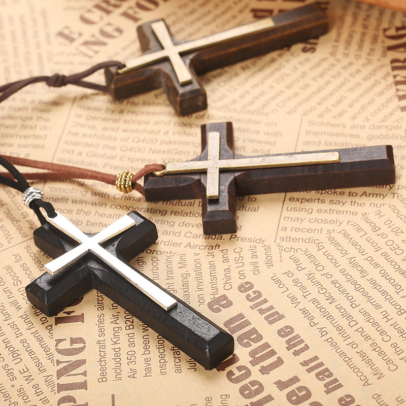 Wholesale Vintage Handmade Double Layer Wood Alloy Cross Pendant Necklace - Stylish Fashion Accessory for Couples,  Boutique Resale