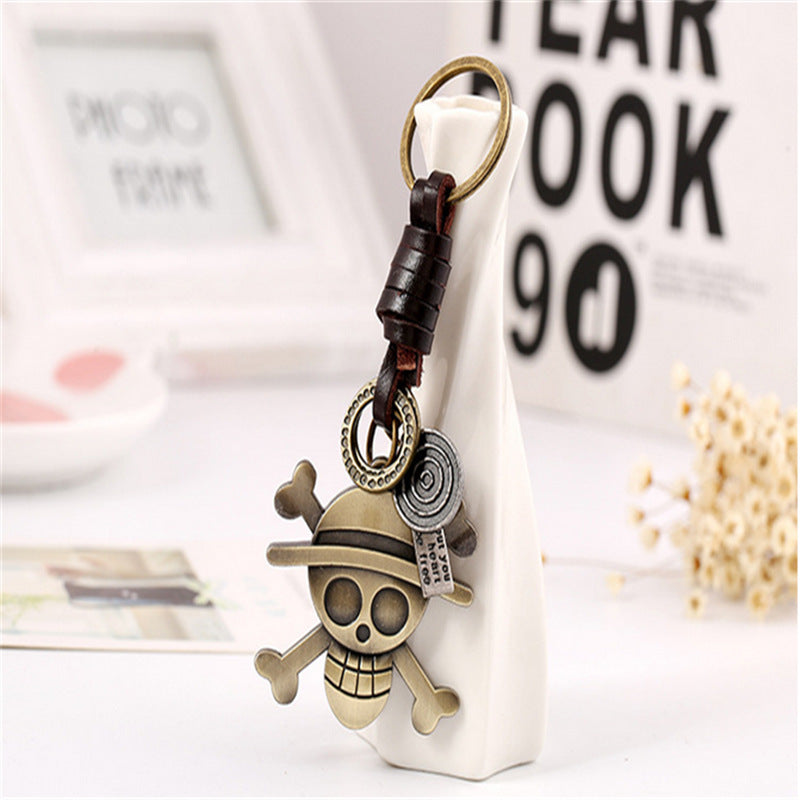 Wholesale  vintage woven alloy skull genuine leather keychain