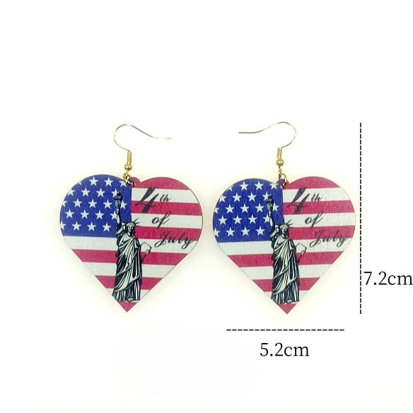 Wholesale American Independence Day Sunflower Heart Print Wood Earrings ACC-ES-Yinx004
