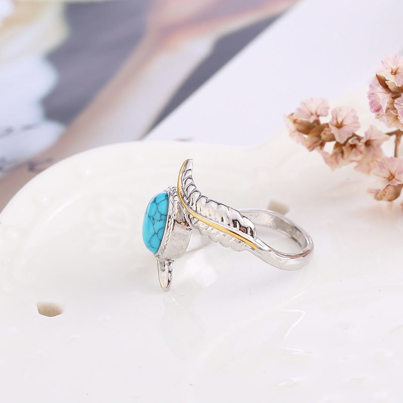 Wholesale Vintage Turquoise Feather Women S Ring Chic Retro Party Jewelry Accessory For Gift And Resale
