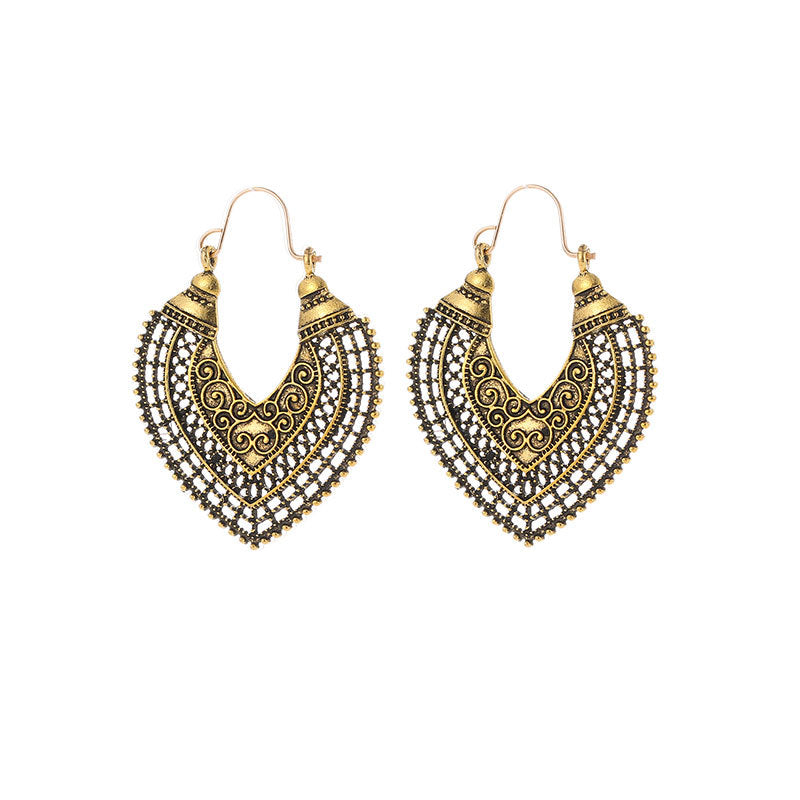 Wholesale Retro Bohemian Ethnic Hollow Out Heart Bronze Alloy Earrings Fashion Jewelry Accessory Gift Boutique Resale