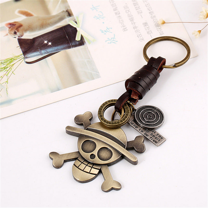 Wholesale  vintage woven alloy skull genuine leather keychain