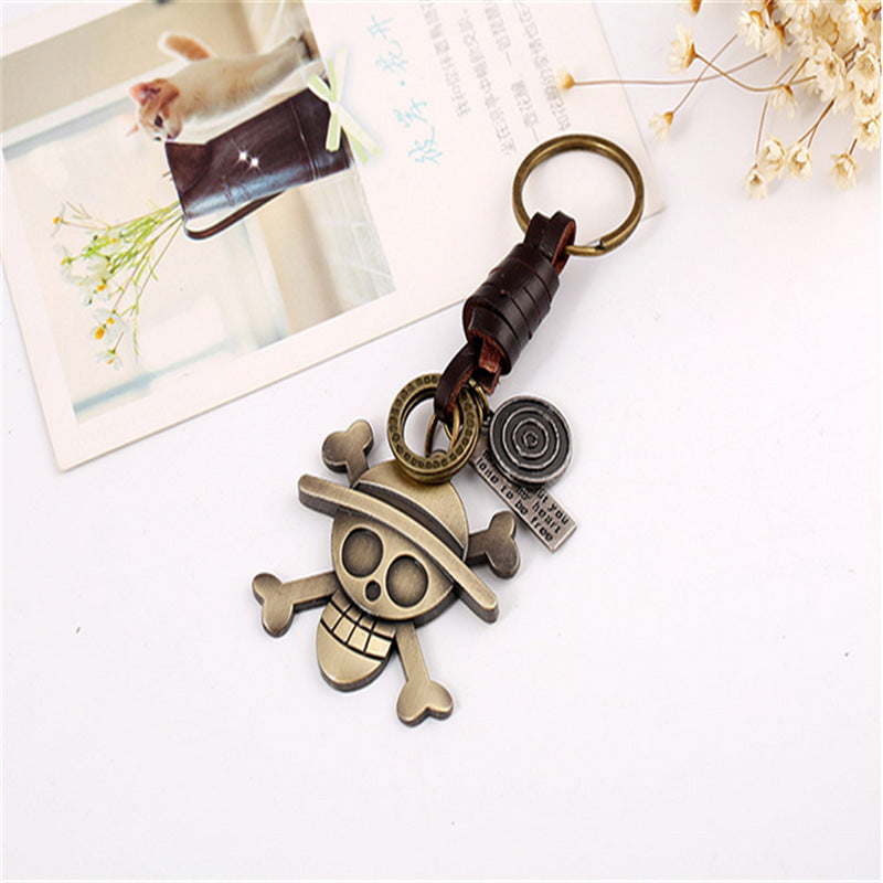 Wholesale  vintage woven alloy skull genuine leather keychain