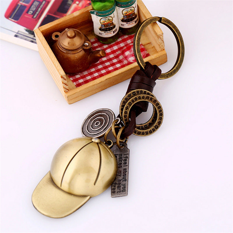 Wholesale Creative Alloy Baseball Cap Vintage Braided Cowhide Keychain ACC-KC-Saih001