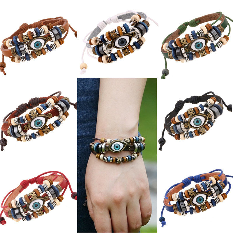 Wholesale Beaded Eyes Cowhide Adjustable Bracelet