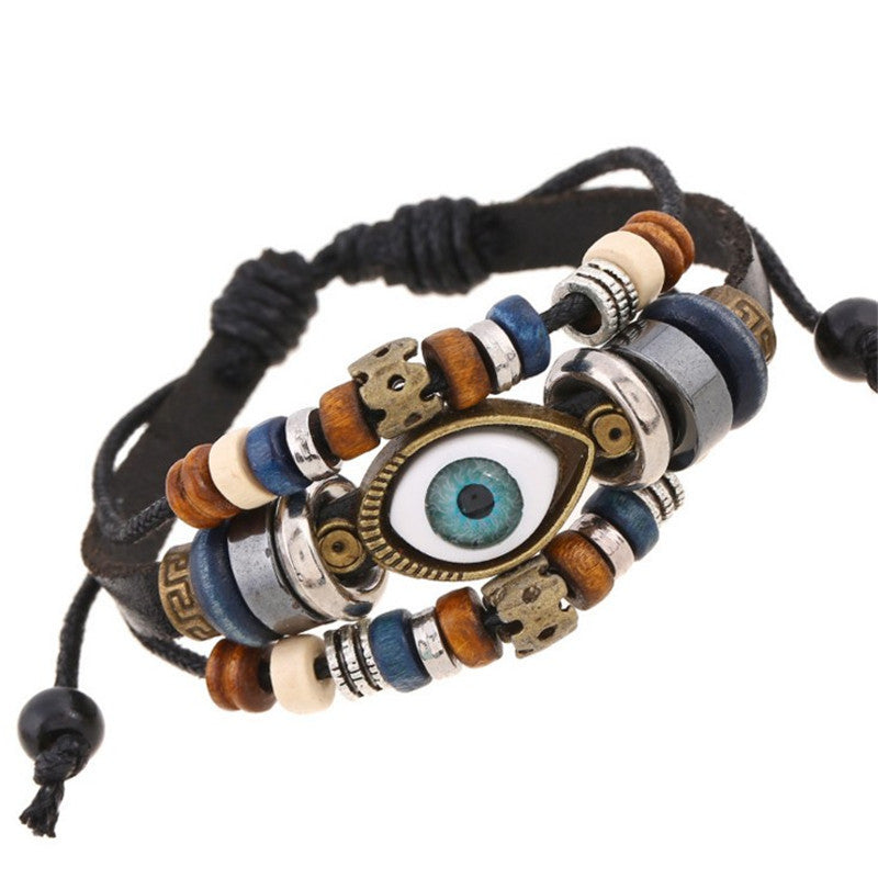 Wholesale Beaded Eyes Cowhide Adjustable Bracelet