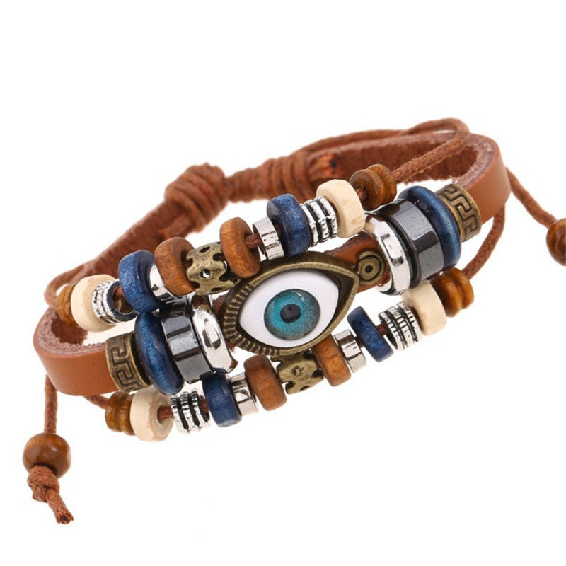 Wholesale Beaded Eyes Cowhide Adjustable Bracelet
