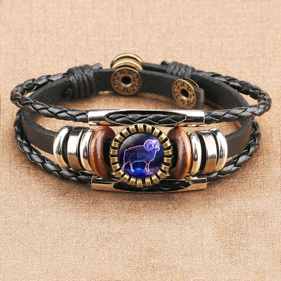 Wholesale Retro Multi-Layer Beaded Twelve Constellations Time Gem Leather Bracelet