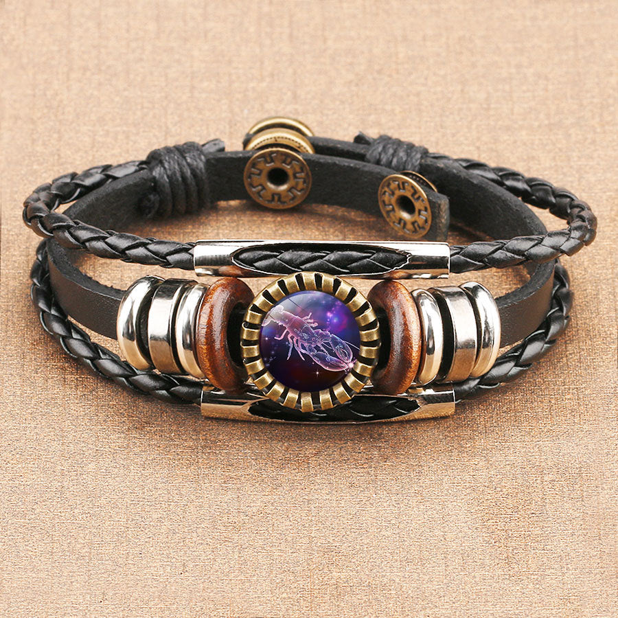 Wholesale Retro Multi-Layer Beaded Twelve Constellations Time Gem Leather Bracelet