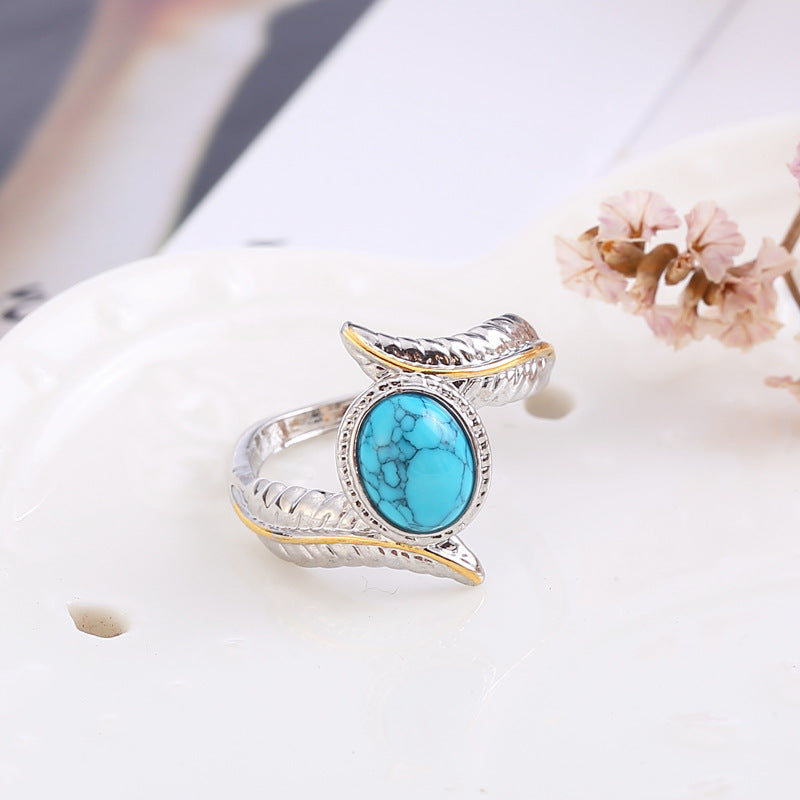 Wholesale Vintage Turquoise Feather Women S Ring Chic Retro Party Jewelry Accessory For Gift And Resale