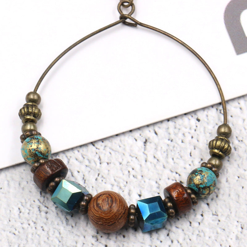Wholesale Ethnic Style Large Circle Metal Earrings with Wooden Beads and Turquoise Accents,  Fashion Accessory for Resale