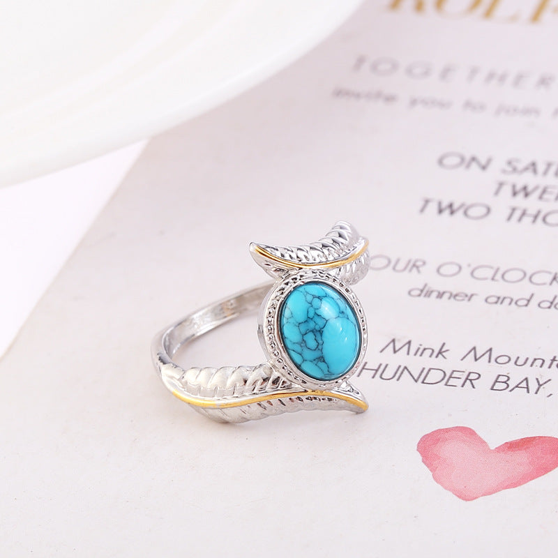 Wholesale Vintage Turquoise Feather Women S Ring Chic Retro Party Jewelry Accessory For Gift And Resale