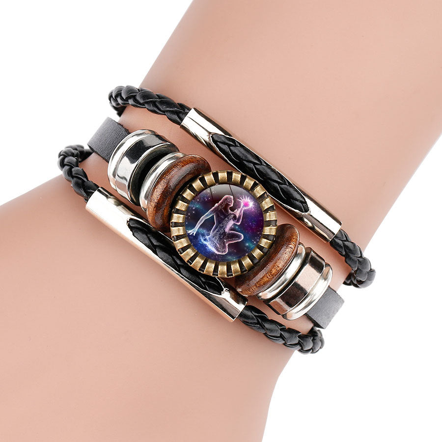 Wholesale Retro Multi-Layer Beaded Twelve Constellations Time Gem Leather Bracelet