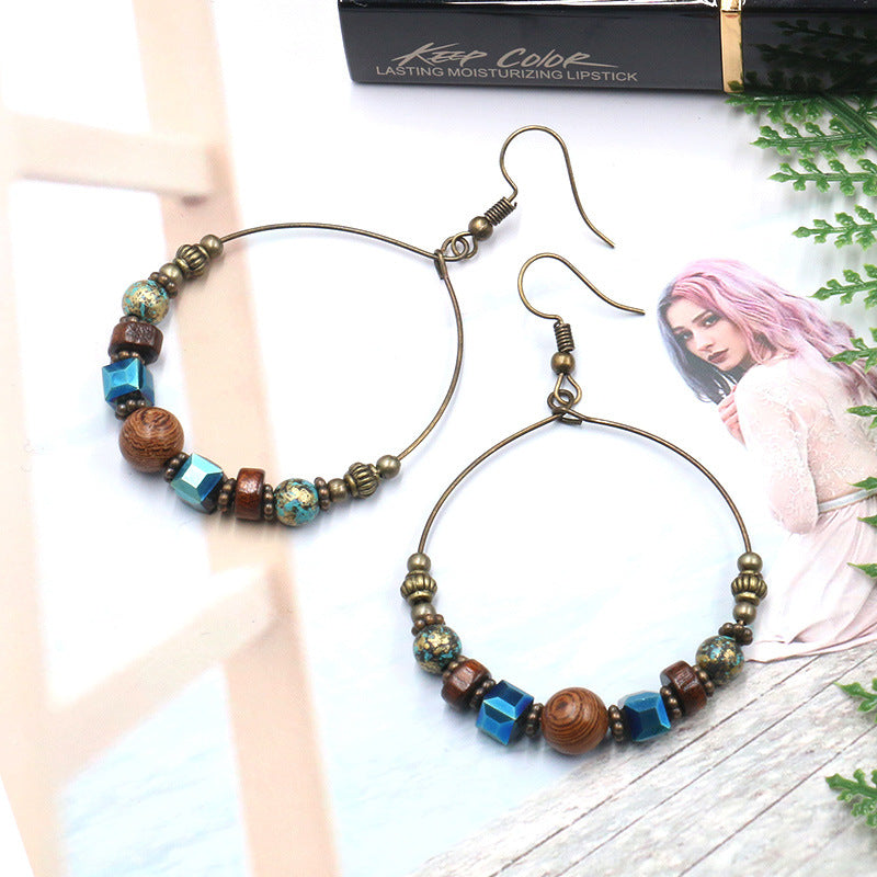 Wholesale Ethnic Style Large Circle Metal Earrings with Wooden Beads and Turquoise Accents,  Fashion Accessory for Resale