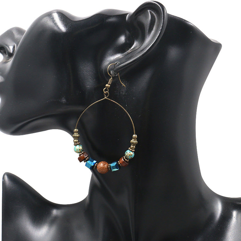 Wholesale Ethnic Style Large Circle Metal Earrings with Wooden Beads and Turquoise Accents,  Fashion Accessory for Resale