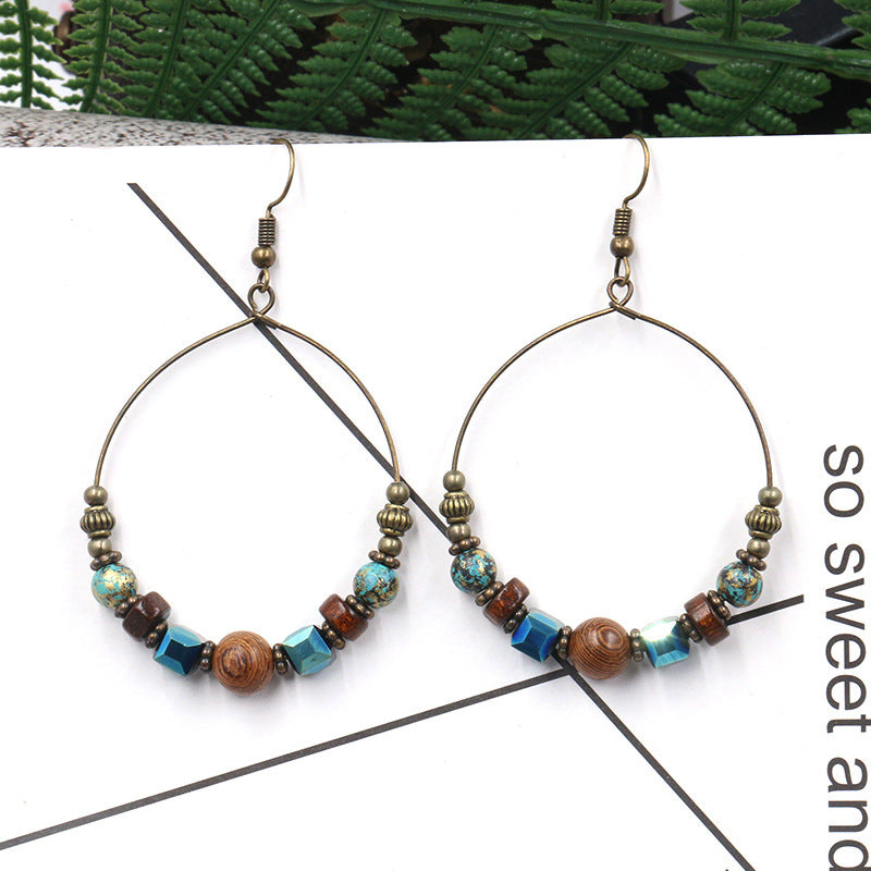 Wholesale Ethnic Style Large Circle Metal Earrings with Wooden Beads and Turquoise Accents,  Fashion Accessory for Resale