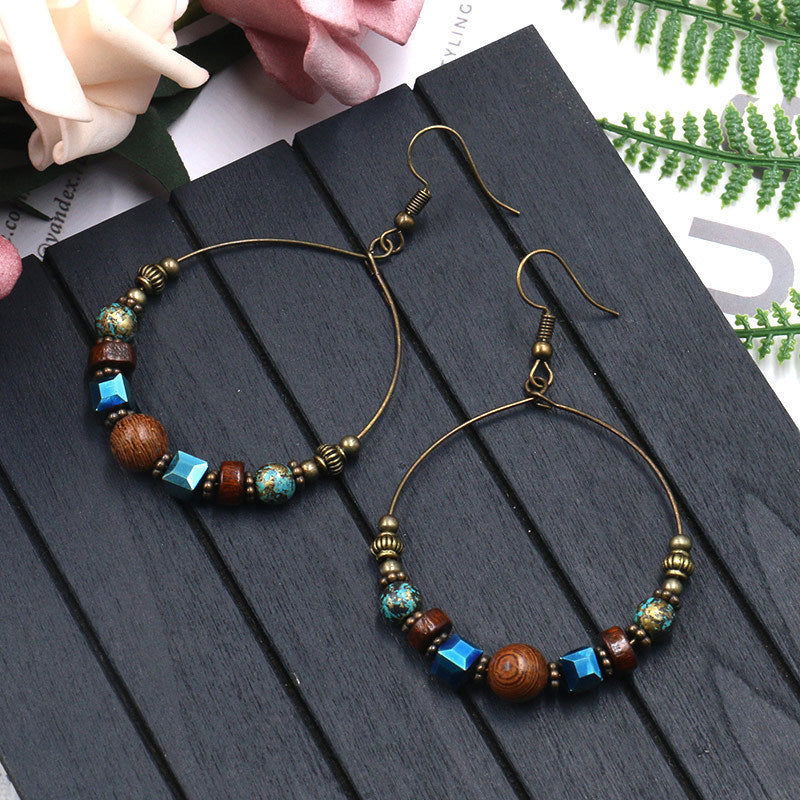 Wholesale Ethnic Style Large Circle Metal Earrings with Wooden Beads and Turquoise Accents,  Fashion Accessory for Resale