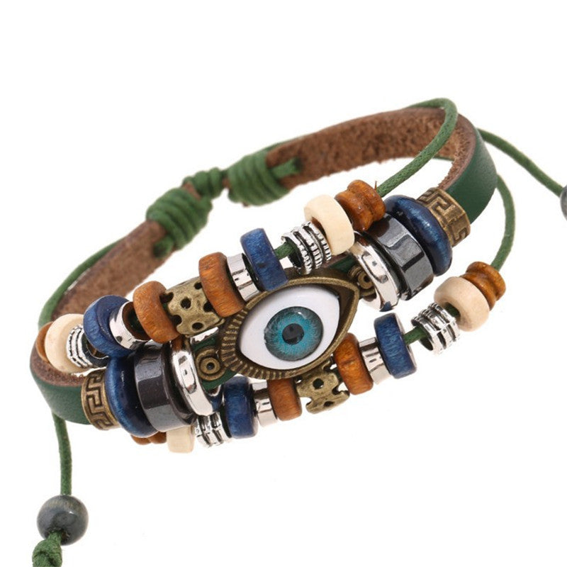 Wholesale Beaded Eyes Cowhide Adjustable Bracelet