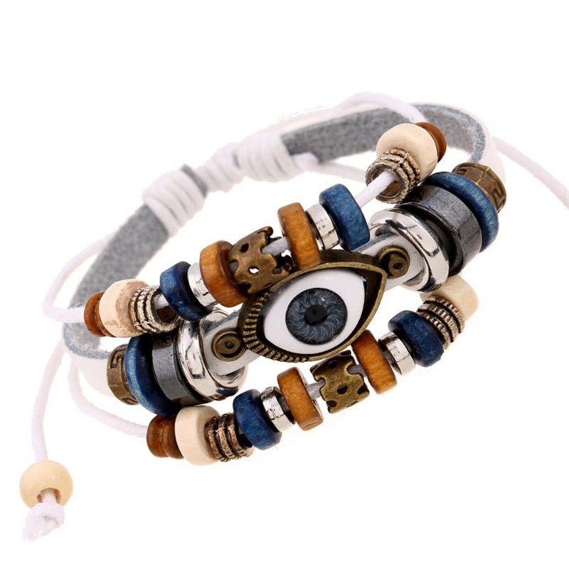 Wholesale Beaded Eyes Cowhide Adjustable Bracelet